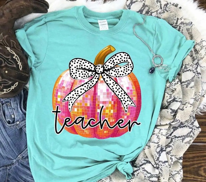 Teacher Pumpkin Tee — Fall Graphic Shirt with Bow