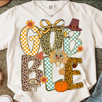 Gobble Graphic Tee – Fall Checkered & Leopard Thanksgiving Shirt