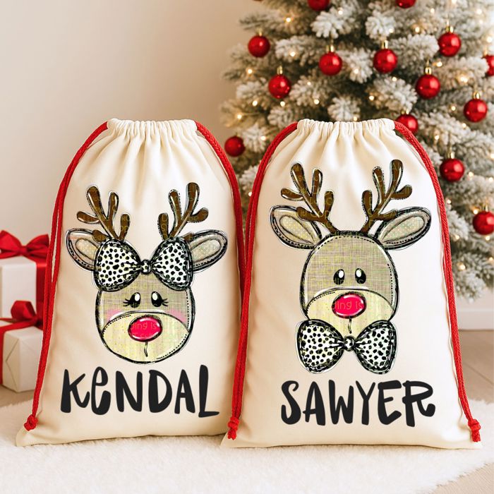 Personalized Reindeer Santa Sack – Custom Christmas Gift Bag for Kids
