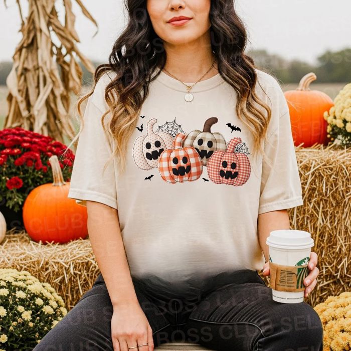 Faux Patchwork Pumpkin Tee - Trendy Fall Halloween Graphic