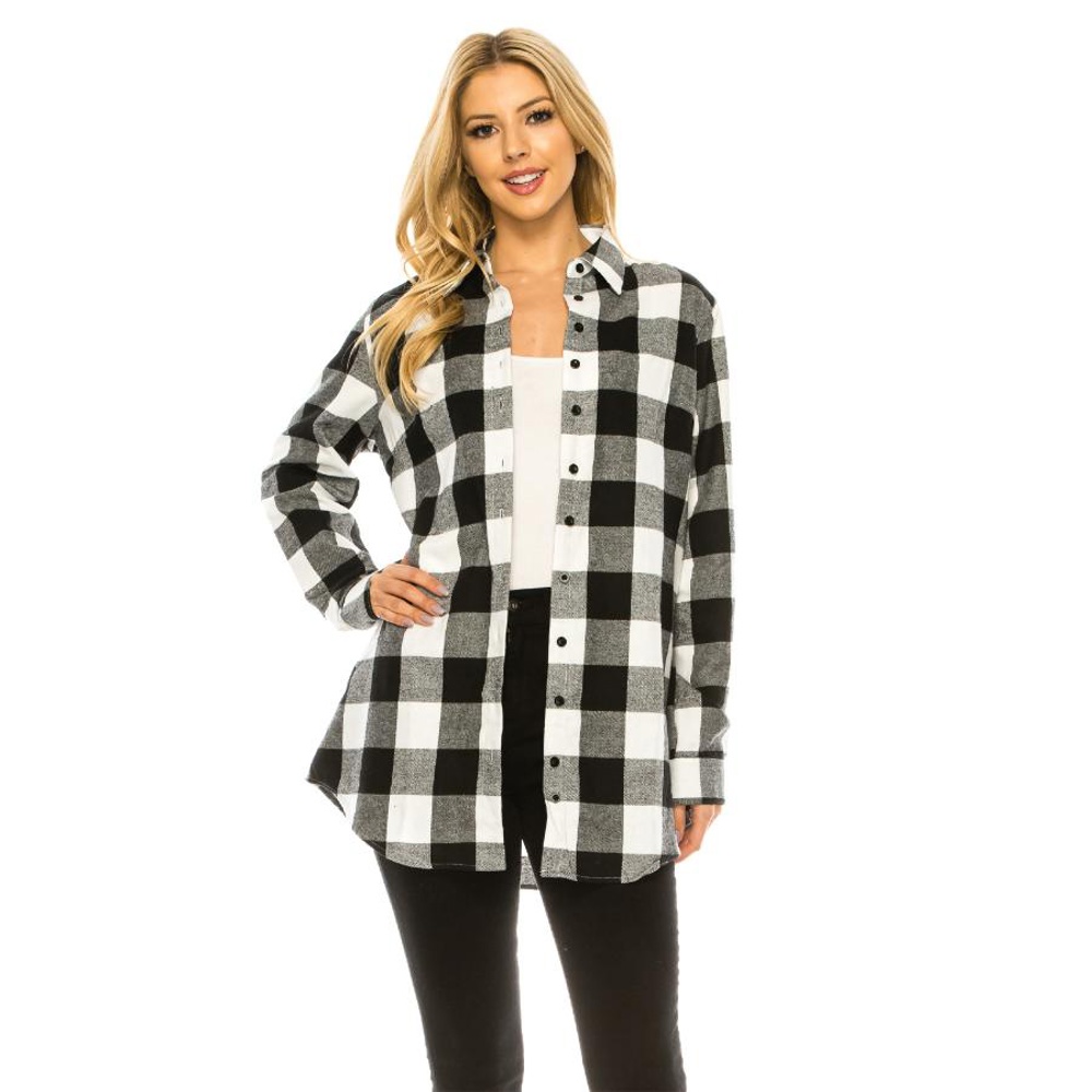 Women's Long Button Plaid Tunic Length Shirt