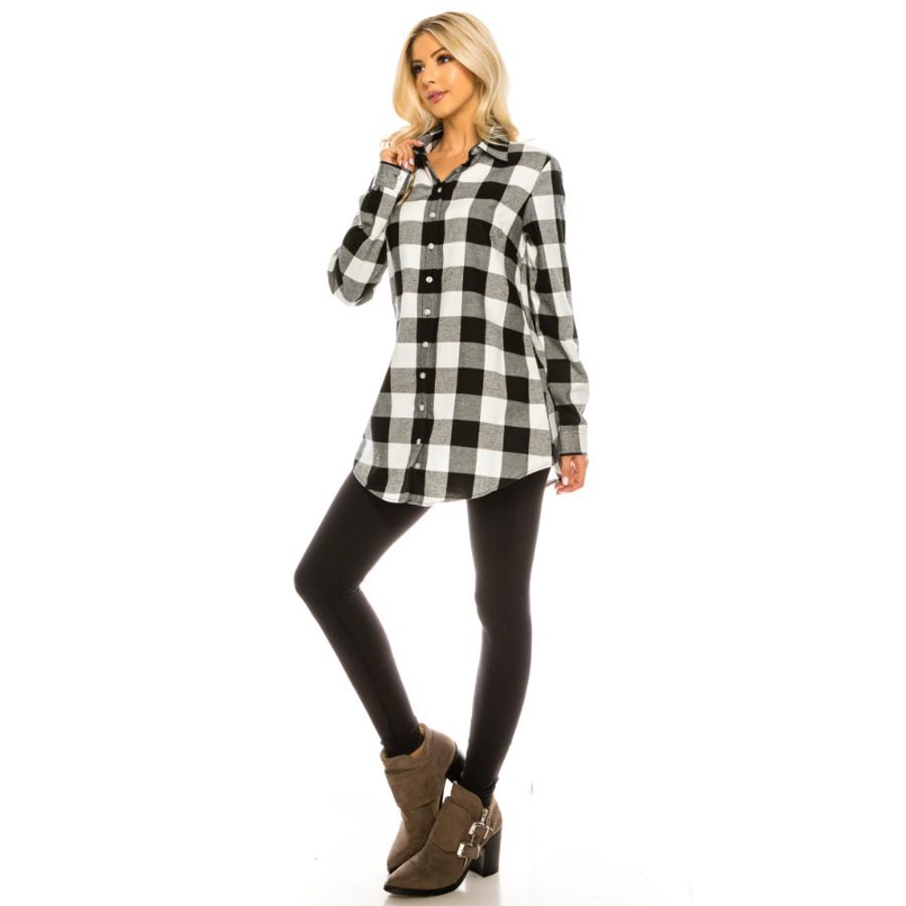 Women's Long Button Plaid Tunic Length Shirt