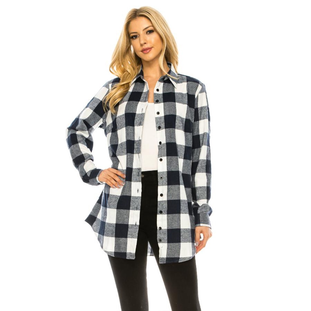 Women's Long Button Plaid Tunic Length Shirt