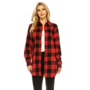 RED BLACK 1X Women's Long Button Plaid Tunic Length Shirt