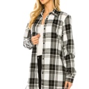 BLACK WHITE GRID 1X Women's Long Button Plaid Tunic Length Shirt