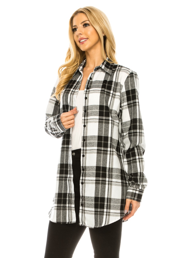 Women's Long Button Plaid Tunic Length Shirt