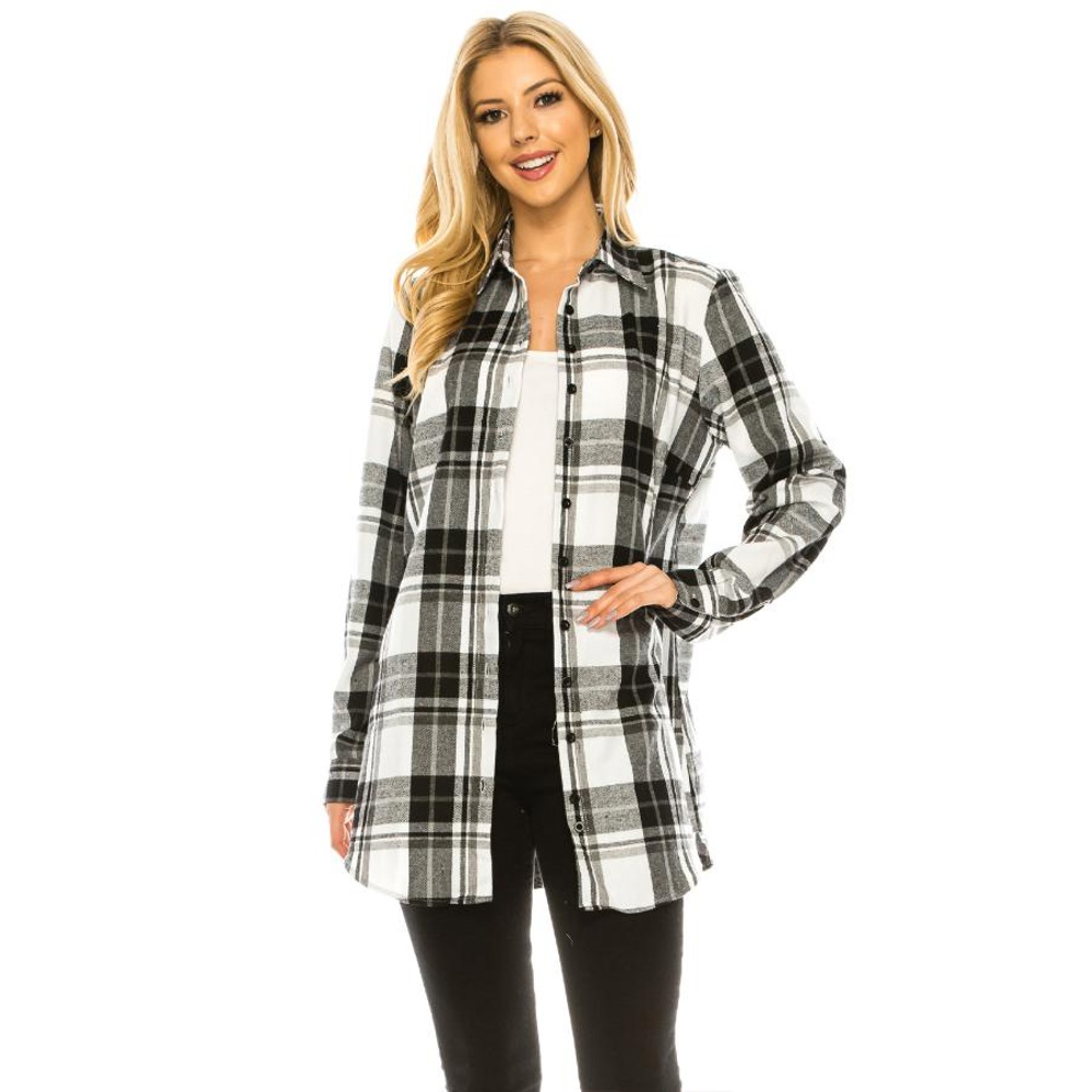 Women's Long Button Plaid Tunic Length Shirt