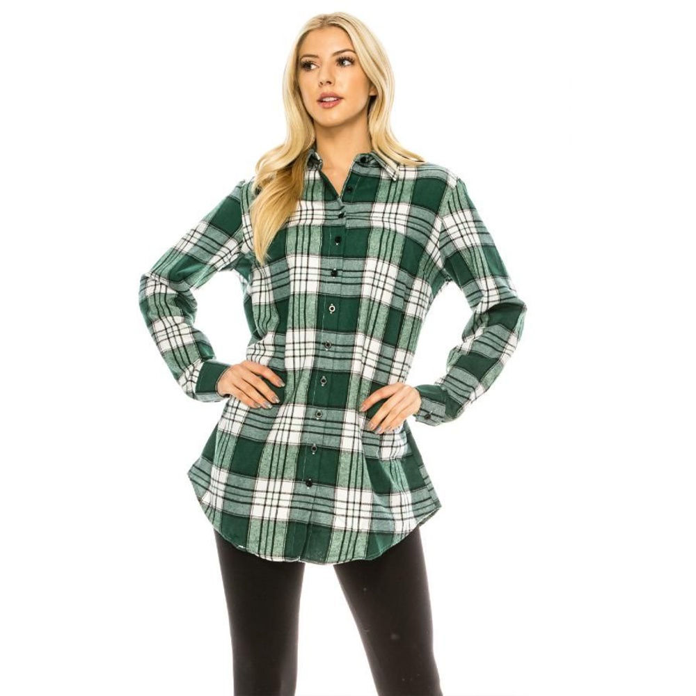 Women's Long Button Plaid Tunic Length Shirt