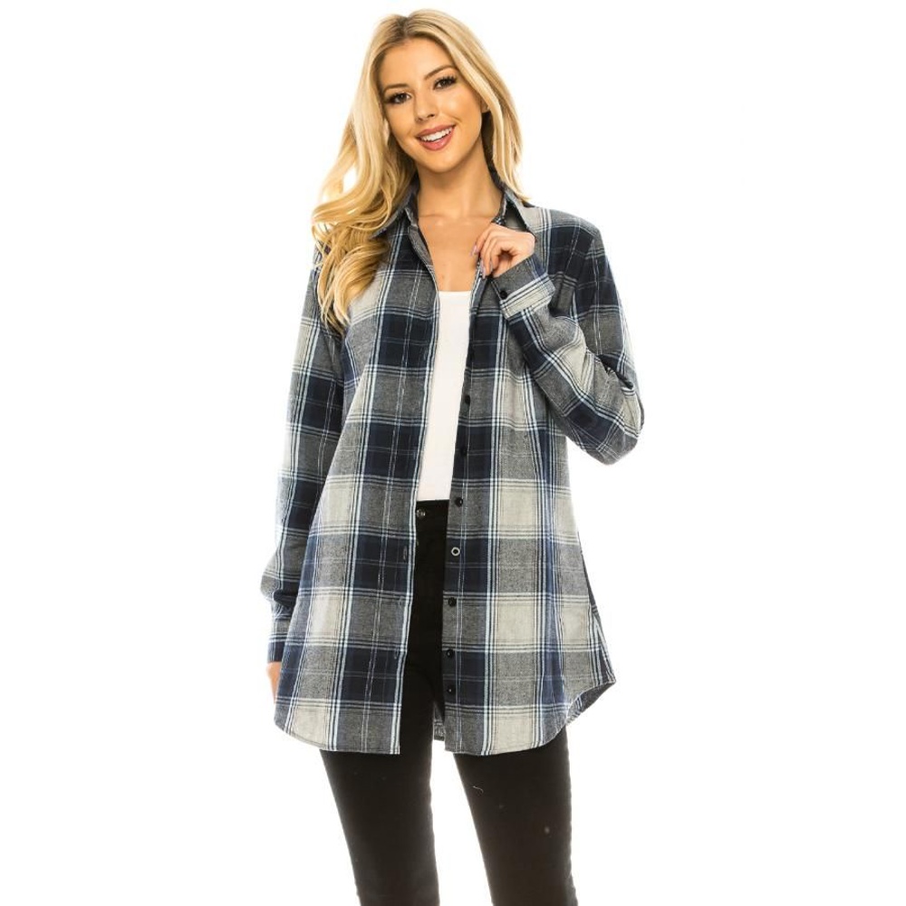 Women's Long Button Plaid Tunic Length Shirt