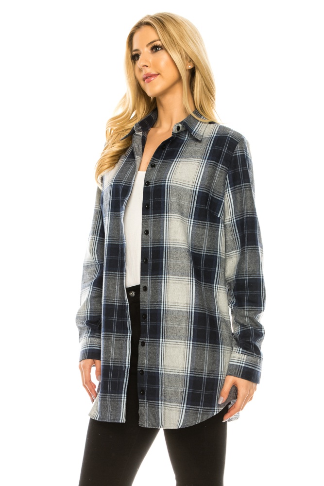 Women's Long Button Plaid Tunic Length Shirt