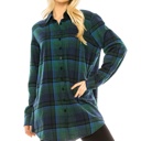 NAVY GREEN 1X Women's Long Button Plaid Tunic Length Shirt