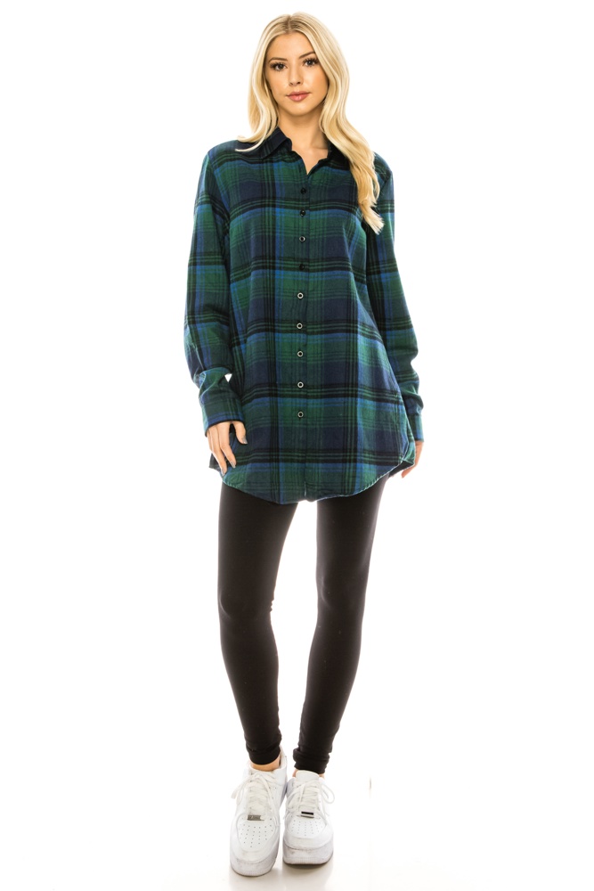 Women's Long Button Plaid Tunic Length Shirt