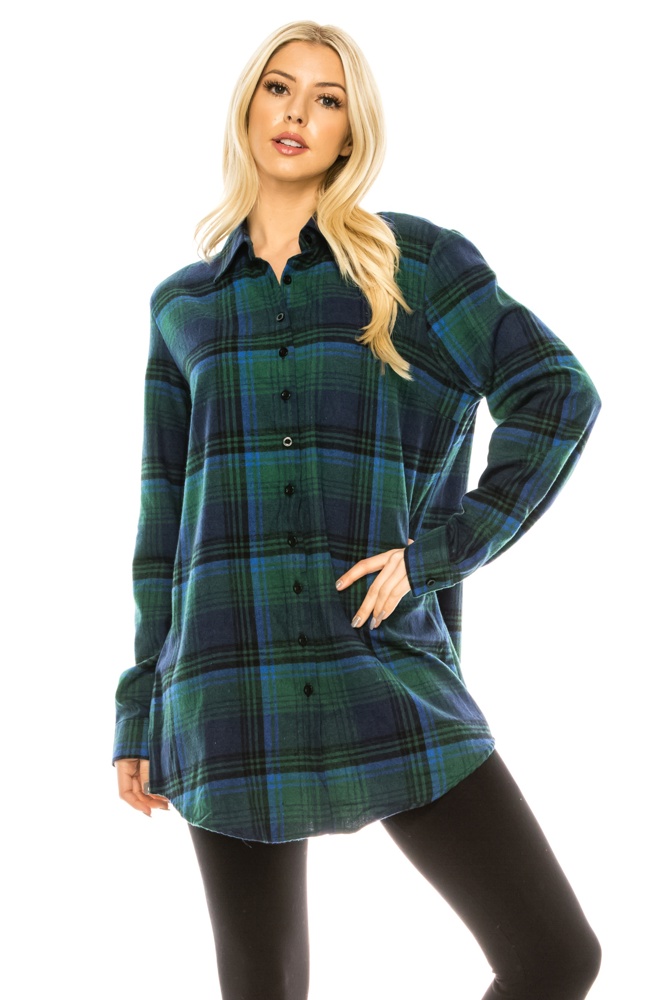 Women's Long Button Plaid Tunic Length Shirt