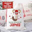 Large Personalized Rudolph Initial Special Delivery Santa Bag; Child's Fabric Christmas Gift Bag with Child’s Initial & Name; Large and Small Bags