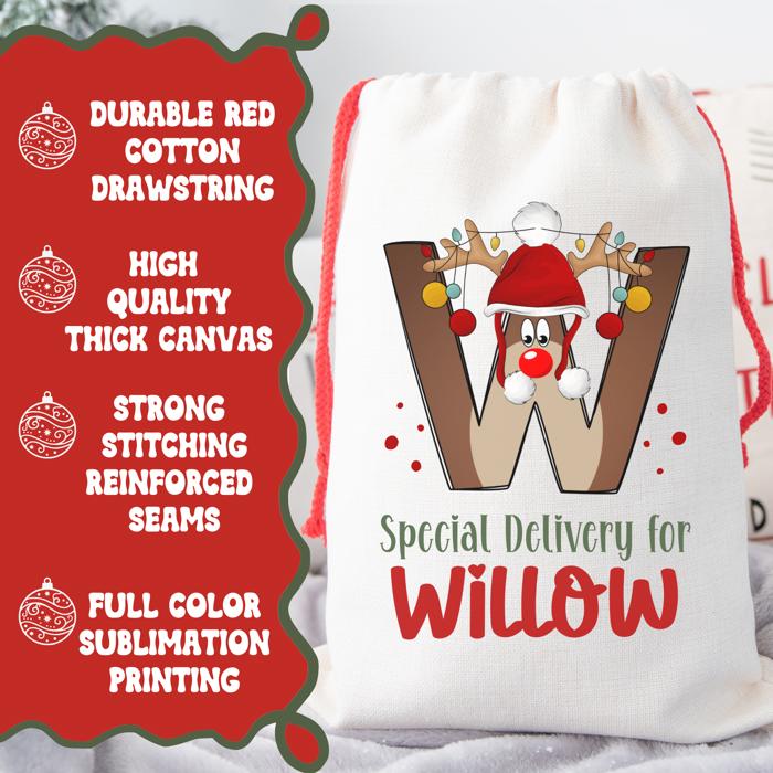 Personalized Rudolph Initial Special Delivery Santa Bag; Child's Fabric Christmas Gift Bag with Child’s Initial & Name; Large and Small Bags