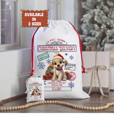 Personalized Santa Sack; Child's Fabric Christmas Gift Bag with Name; Santa, Reindeer, Puppy, Kitten, Teddy Bear Designs; Large & Small Bags
