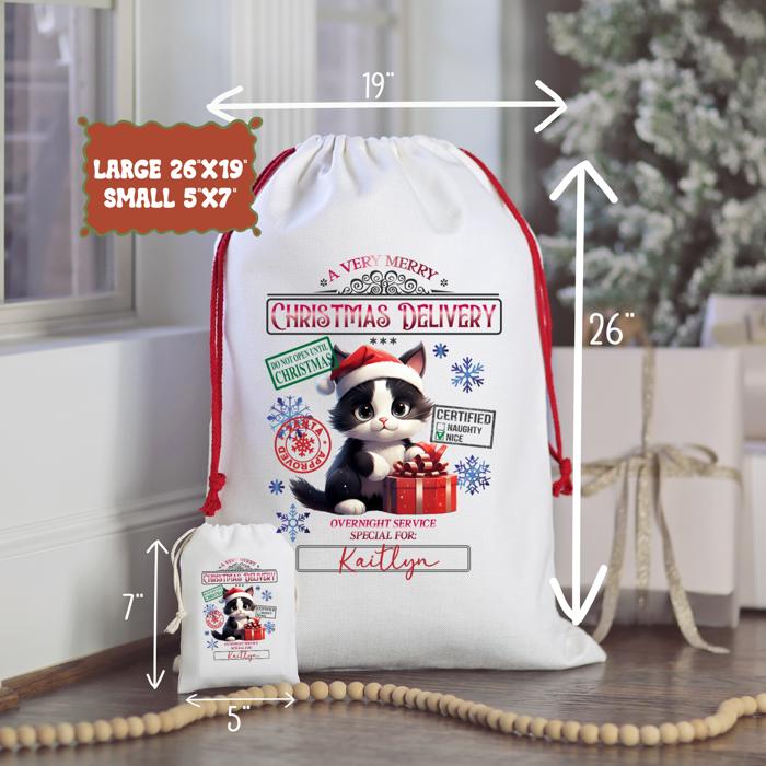Personalized Santa Sack; Child's Fabric Christmas Gift Bag with Name; Santa, Reindeer, Puppy, Kitten, Teddy Bear Designs; Large & Small Bags