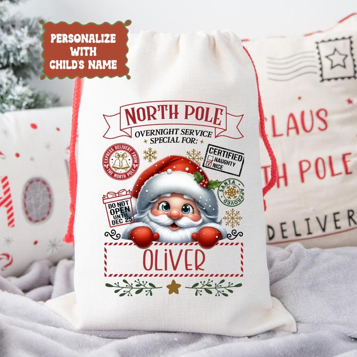 Personalized Santa Sack; Child's Fabric Christmas Gift Bag with Name; Santa, Reindeer, Puppy, Kitten, Teddy Bear Designs; Large & Small Bags