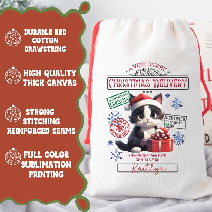 Personalized Santa Sack; Child's Fabric Christmas Gift Bag with Name; Santa, Reindeer, Puppy, Kitten, Teddy Bear Designs; Large & Small Bags