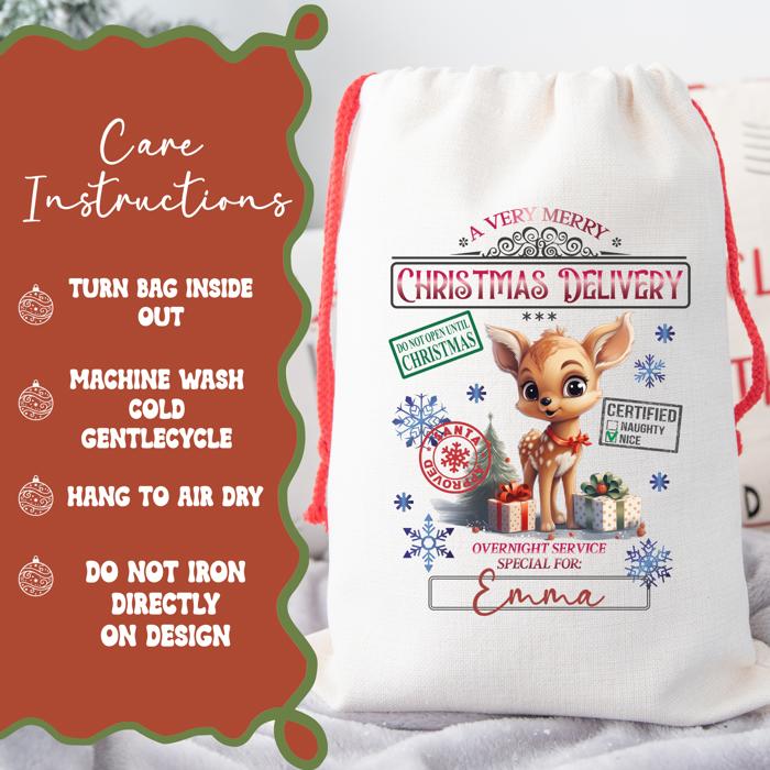 Personalized Santa Sack; Child's Fabric Christmas Gift Bag with Name; Santa, Reindeer, Puppy, Kitten, Teddy Bear Designs; Large & Small Bags