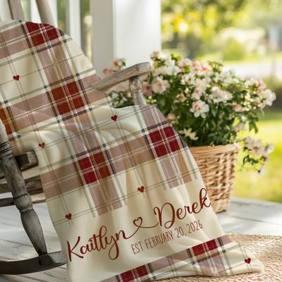 Personalized Valentine Blanket for Couples | Custom Names with Heart & Established Date | Cream with Red Plaid
