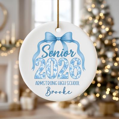 Personalized Blue Coquette Senior 2026 Graduation Ornament; Blue Bow Design; Customize with Senior's Name and School