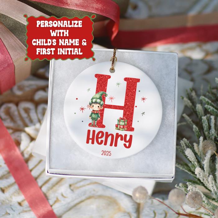 Personalized Boy Elf Child's Initial and Name Christmas Ornament; Custom Kid's Boy Elf Christmas Ornament; Gift Box Included