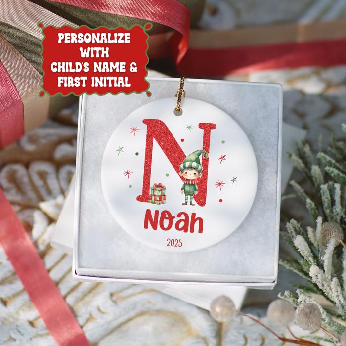 Personalized Boy Elf Child's Initial and Name Christmas Ornament | Gift Box Included
