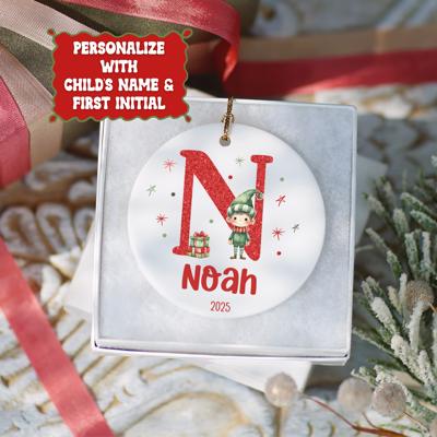Personalized Boy Elf Child's Initial and Name Christmas Ornament | Gift Box Included