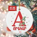  Personalized Boy Elf Child's Initial and Name Christmas Ornament; Custom Kid's Boy Elf Christmas Ornament; Gift Box Included