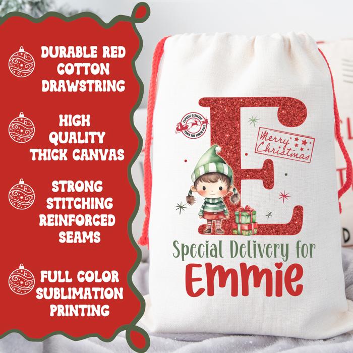 Personalized Special Delivery Girl Elf Design Santa Bag | Large and Small Bags