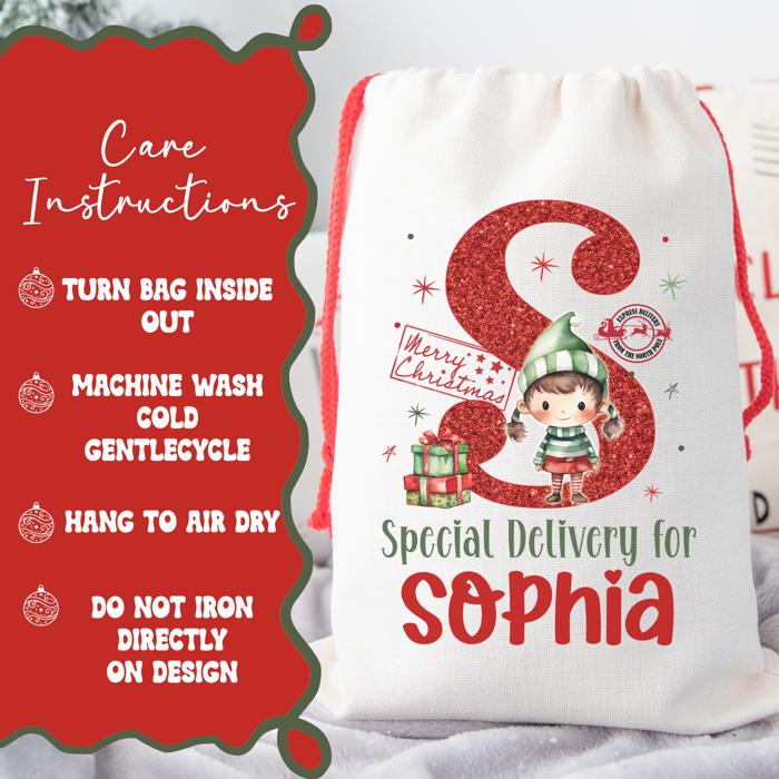 Personalized Special Delivery Girl Elf Design Santa Bag | Large and Small Bags
