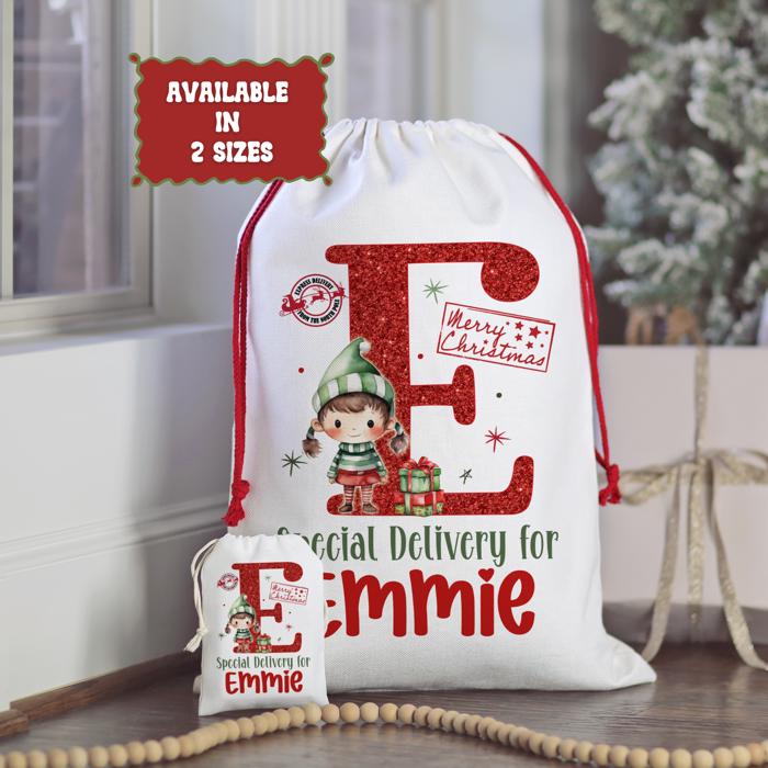 Personalized Special Delivery Girl Elf Design Santa Bag | Large and Small Bags
