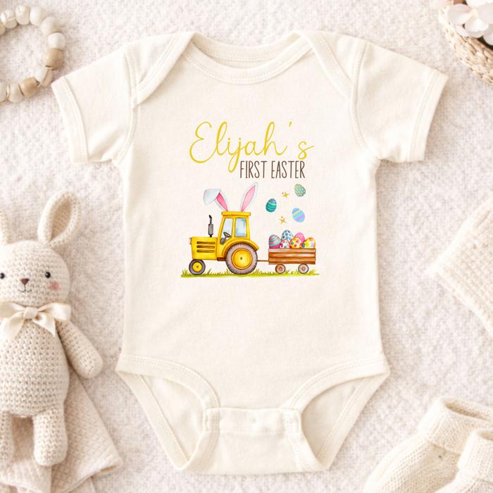 First Easter Baby Boy Personalized Easter Onesie - Easter Yellow Tractor Pulling Easter Eggs | Short Sleeve 100% Cotton Onesie