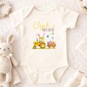  First Easter Baby Boy Personalized Easter Onesie - Easter Yellow Tractor Pulling Easter Eggs | Short Sleeve 100% Cotton Onesie
