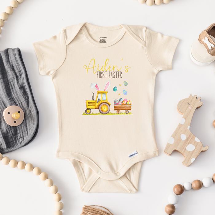 First Easter Baby Boy Personalized Easter Onesie - Easter Yellow Tractor Pulling Easter Eggs | Short Sleeve 100% Cotton Onesie