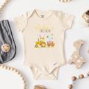 6-9M First Easter Baby Boy Personalized Easter Onesie - Easter Yellow Tractor Pulling Easter Eggs | Short Sleeve 100% Cotton Onesie