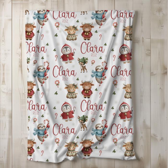 Highland Cows, Penguin, Baby Deer and Sloth Personalized Christmas Blanket | Child's Custom Holiday Throw 30"x40"
