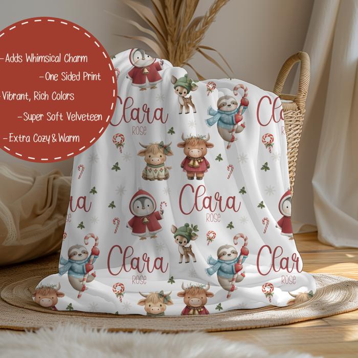 Highland Cows, Penguin, Baby Deer and Sloth Personalized Christmas Blanket | Child's Custom Holiday Throw 30"x40"