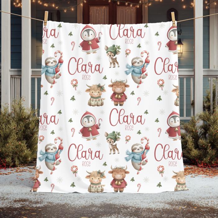 Highland Cows, Penguin, Baby Deer and Sloth Personalized Christmas Blanket | Child's Custom Holiday Throw 30"x40"