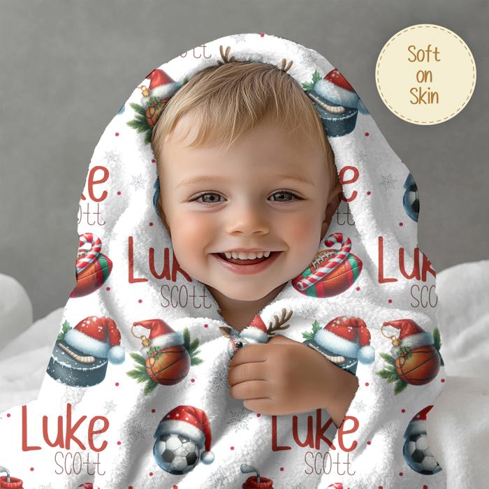 Christmas Sports Personalized Child's Blanket – Includes Football, Baseball, Basketball, Golf and Hockey; Santa Hat and Holiday Decor