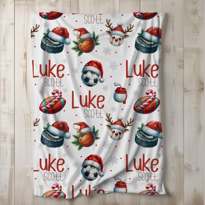 Christmas Sports Personalized Child's Blanket – Includes Football, Baseball, Basketball, Golf and Hockey; Santa Hat and Holiday Decor