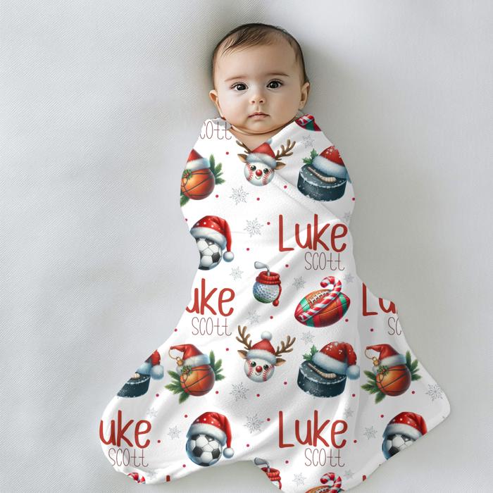 Christmas Sports Personalized Child's Blanket – Includes Football, Baseball, Basketball, Golf and Hockey; Santa Hat and Holiday Decor