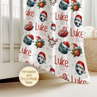 Christmas Sports Personalized Child's Blanket – Includes Football, Baseball, Basketball, Golf and Hockey; Santa Hat and Holiday Decor