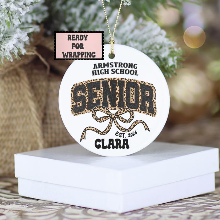 Retro Leopard Print Coquette Personalized 2026 Graduation Ornament | Customize with Senior's Name and School