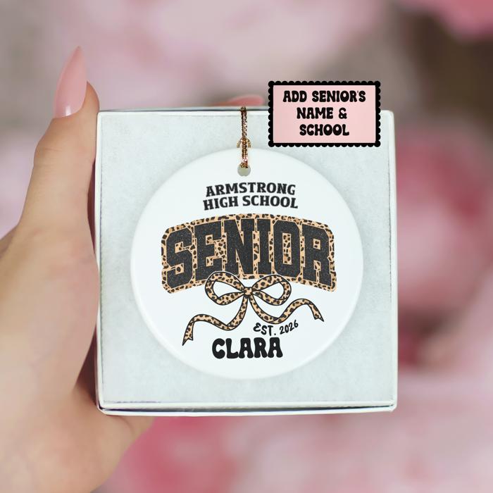 Retro Leopard Print Coquette Personalized 2026 Graduation Ornament | Customize with Senior's Name and School