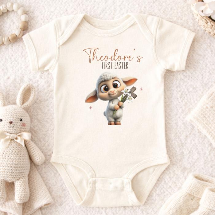 Lamb Holding Easter Cross First Easter Personalized Onesie for Baby - Short Sleeve 100% Cotton Bodysuit