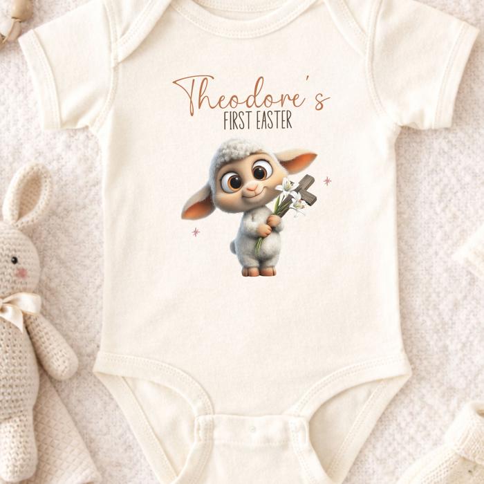 Lamb Holding Easter Cross First Easter Personalized Onesie for Baby - Short Sleeve 100% Cotton Bodysuit