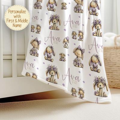 Personalized Bunny Blanket with Bunnies Dressed in Purple | Custom Easter Blanket | Baby Girl Gift