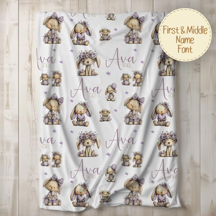 Personalized Bunny Blanket with Bunnies Dressed in Purple | Custom Easter Blanket | Baby Girl Gift